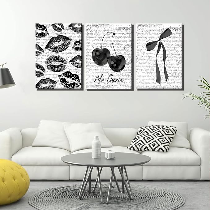 3Pcs Vintage Funky Black White Lips And Cherry Canvas Wall Art Girl Fashion Aesthetic Bow Wall Decor Ma Cherie Dark Coquette Posters Prints for Neutral Preppy Apartment Girl Room16x24in framed