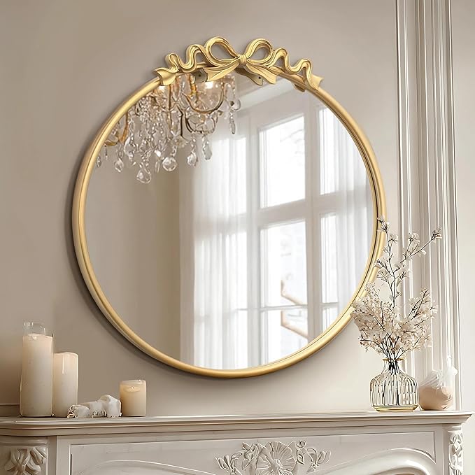 Besdomus Vintage Gold Mirror: 27" Bow Round Wall Mounted Mirror - Baroque Traditional Ornate for Entryway/Fireplace/Bathroom/Hallway - Home Decor for Fashion-Conscious