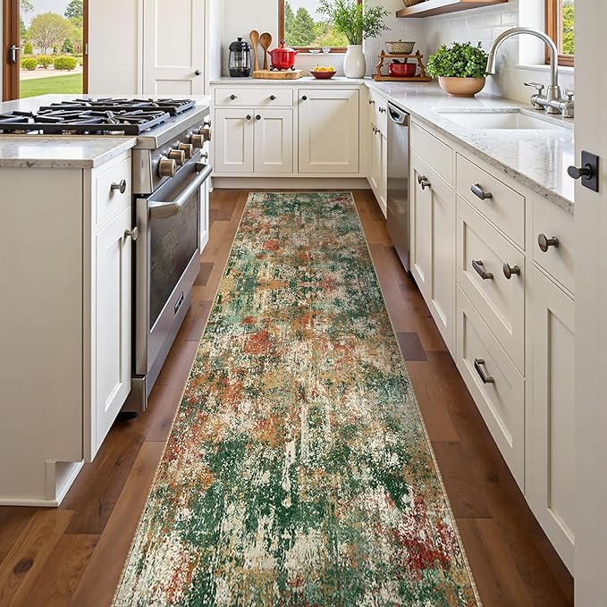 RELEANY Washable Area Rugs 2'x10' Non-Slip Modern Abstract Soft for Living Room Entryway Bedroom Nursery, Print Pattern, Green Orange Rust Red Cream Colorful