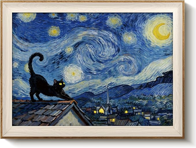 VIYYIEA Vintage Framed Wall Art for Living Room, Stargazing Black Cat Canvas Prints, Oil Painting Home Decor, Van Gogh Picture, Bathroom Wall Decor Gifts for Friends or Family - 16L x 12W
