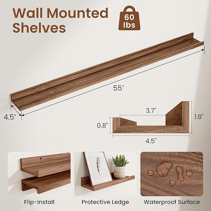 Heimlove Picture Ledge Shelf,56 inch Long Floating Shelves for Wall Set of 2,Picture Shelf with Lip for Wall Decor,Living Room,Bedroom,Bookshelf,Nursery,Perfume,Walnut Color