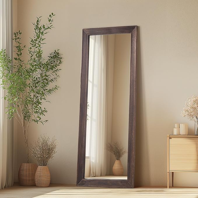 MELOMOIR Rustic Farmhouse Full Length Mirror, 56"x21" Wood Floor, Free Standing Leaning Hanging, Long for Bedroom Cloakroom, Wall Full Length, Charcoal-Grilled Brown