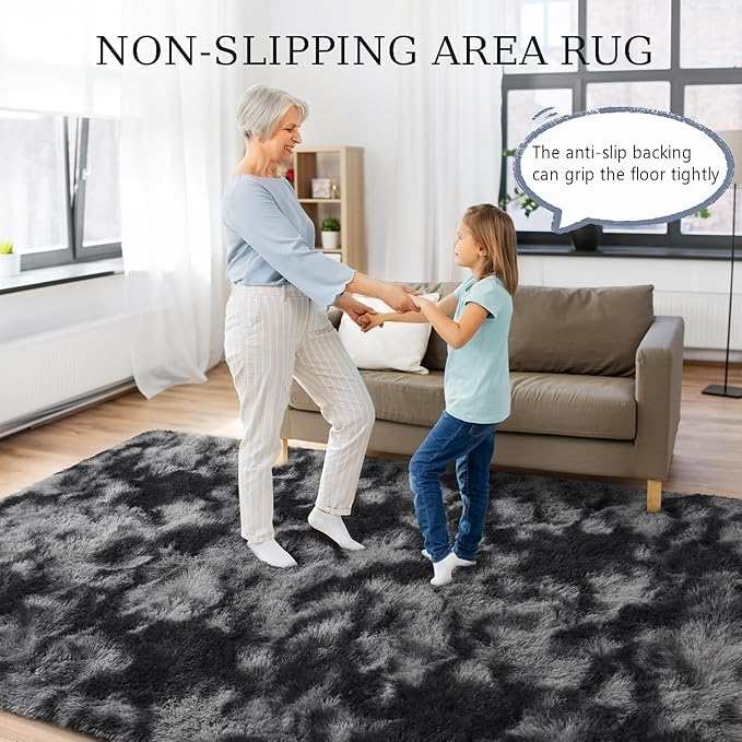 BENRON Fluffy Tie-dye Black Rugs for Living Room Bedroom 4x6, Soft Plush Fuzzy Shaggy Rugs for Kids Girls Boys Room Decor, Washable Indoor Floor Carpets