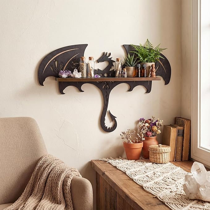 Gothic Evil Dragon Decor with LED Light Crystal Display Shelf for Wall, Wooden Witchy Shelf Rock Display Case Knick Knack Organizer Trinket Holder, Wall Hanging Shelves for Essential Oil & Nail Polish