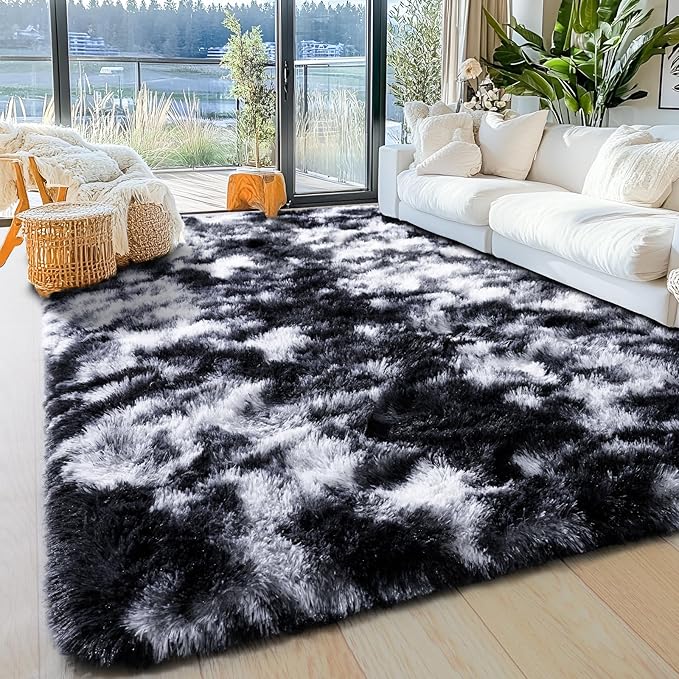Ultra Soft Rugs for Living Room Bedroom, 5x7 Area Rugs for Living Room, Modern Shaggy Carpets Fuzzy Rug for Boys Girls Dorm Nursery Home Decor Aesthetic, Upgrade Non-Slip Durable, Black and White