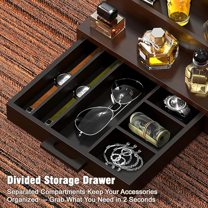 Sunexinlo 4 Tier Cologne Organizer for Men, Black Walnut Wooden Perfume Display Stand with Drawer Divider Dual Hidden Storage Compartments, Shelf for Cologne Watch Jewelry Skincare Grooming, Ideal Birthday Gift for Men and Fathers