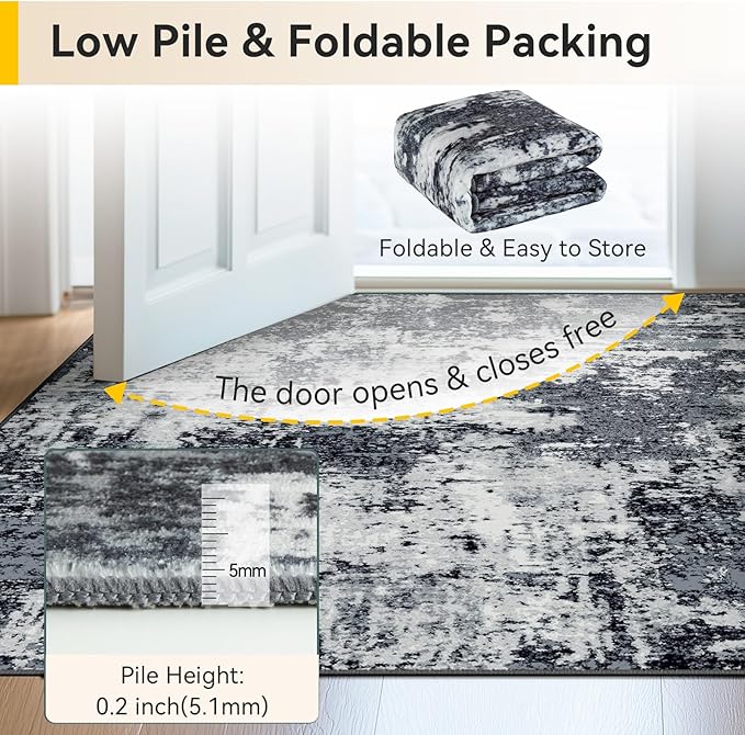 RELEANY Washable Area Rugs 2'x6' Non-Slip Modern Abstract Soft for Living Room Entryway Bedroom Nursery, Print Pattern, Black Navy Blue Gray