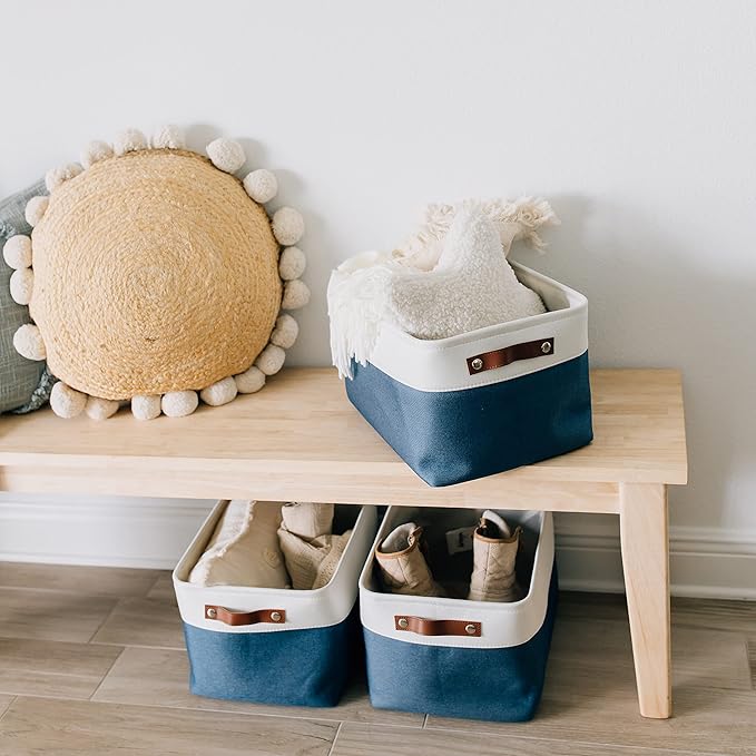 OrganiHaus Extra Large Fabric Storage Baskets for Shelves 3 Pack, 16x13in Closet Storage Bins, Canvas Baskets for Organizing, Linen Closet Organizers, Cloth Basket, Navy Blue/Off-White