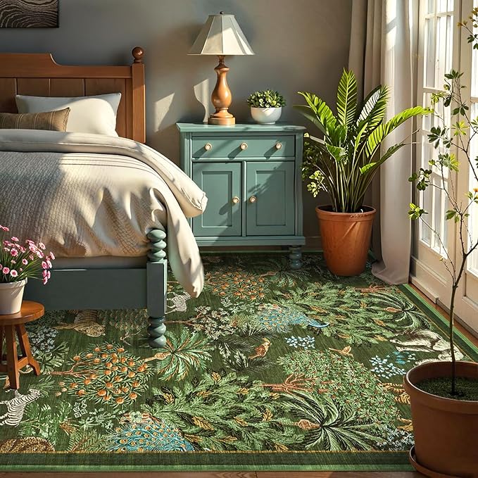 GarveeHome Jungle Animal Print Rug 6x9 Washable Area Rugs for Living Room, Forest Rug Non Slip Low Pile Stain Resistance Large Throw Carpet for Bedroom Dining Room Kids Playroom Nursery, Dark Green