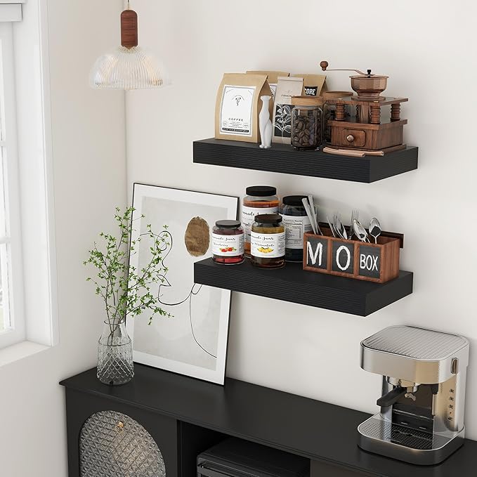 FLYJOE Deep Floating Shelves | 24 Inch Black Floating Shelves Set of 2 | 12 Inch Deep Rustic Wood Shelves for Wall | 24" W x 12" D Black Shelves for Living Room Bathroom Laundry Room Kitchen