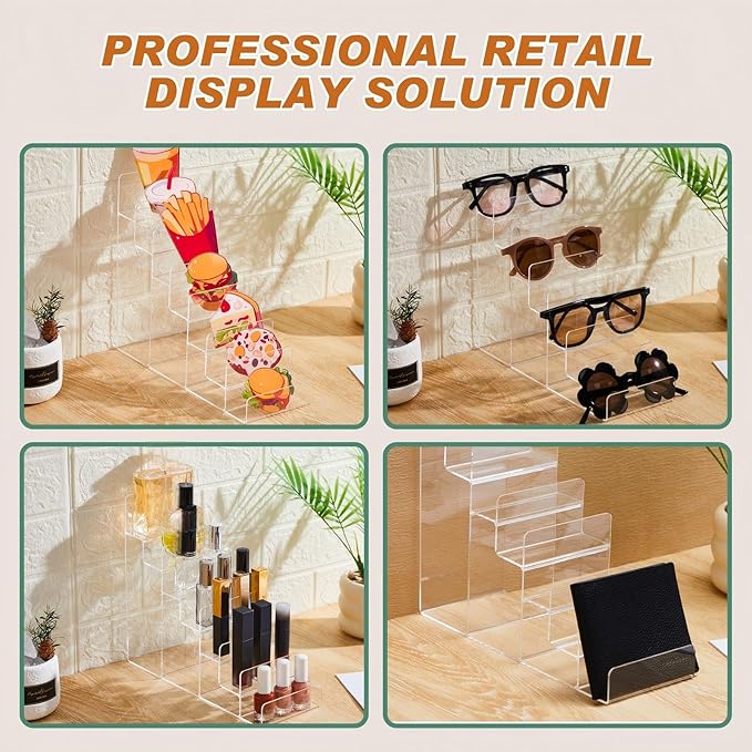 Kathfly 2 Pack 7-Tier Acrylic Wallet Display Stand Clear Purse & Handbag Organizer Riser Shelf for Perfume, Sunglasses, Cosmetics, Jewelry Vendor Display for Craft Fairs, Retail