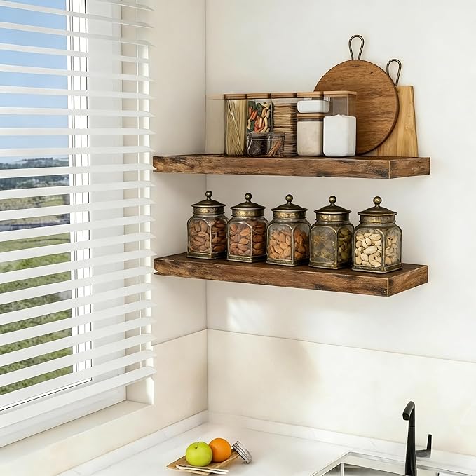 Vervida® Floating Shelves, 47.2 inch Wall Mounted Rustic Wood Shelves for Bathroom, Bedroom, Living Room, Kitchen, Office, Hanging Shelf for Books/Storage/Decor(Rustic Brown,Set of 3)