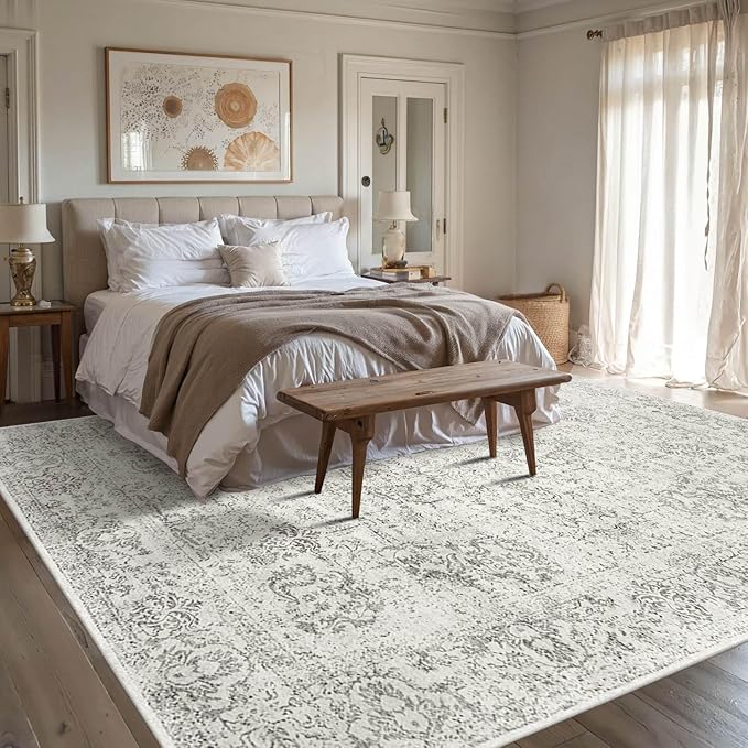 Rugxara 6x9 Washable Area Rug for Living Room, Neutral Vintage Large Boho Rugs for Office, Dining Room, Kids Room, Farmhouse, Durable Low Pile Non Slip Carpet for High Traffic Areas, Light Grey