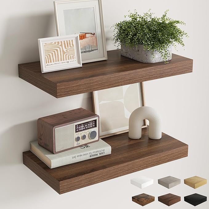 12 Inch Deep Floating Shelves for Wall, 24 x 12 Rustic Wood Grain Bathroom Shelves with Invisible Brackets, Easy Install Wood Storage Shelves for Kitchen, Living Room, Bedroom, Walnut, Set of 2