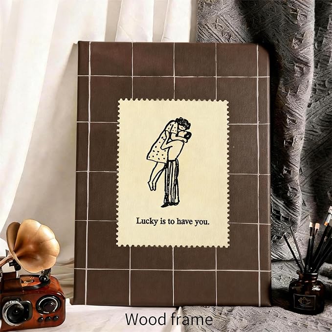 Brown Mid-Century Couples Wall Art Valentine Quotes Lucky Is to Have You Poster 24X36 inch Framed Vintage Romantic Anniversary Canvas Prints Modern Love Wall Decor for Bed Living Room