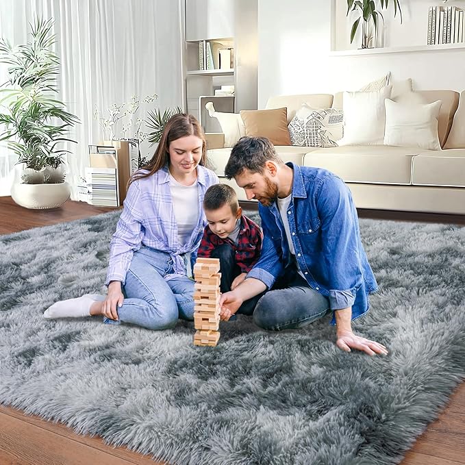 Area Rugs for Living Room 6x9, Ultra Soft Fluffy Rug for Bedroom, Modern Shaggy Carpet Fuzzy Rug for Girls Boys Room Home Indoor Nursery Teens Dorm Decor, Upgrade Non-Slip Durable, Tie-Dye Silver Grey
