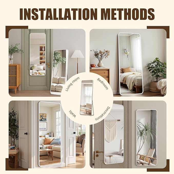 Antok Over The Door Mirror Full Length, 49'' x 14''Wall Mounted Hanging Mirror, Aluminum Alloy Frame, Shatterproof Glass, No Drill Installation for Bedroom, Closet, Bathroom, Dorm, Round Corner, White