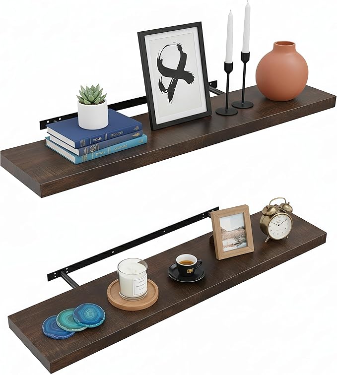 Lufia Floating Wall Shelves, Set of 2, MDF with Invisible Brackets, Modern Storage for Bedroom, Bathroom, Living Room, Kitchen (Rustic Brown, 32" W x 7" D x 1.5" H)