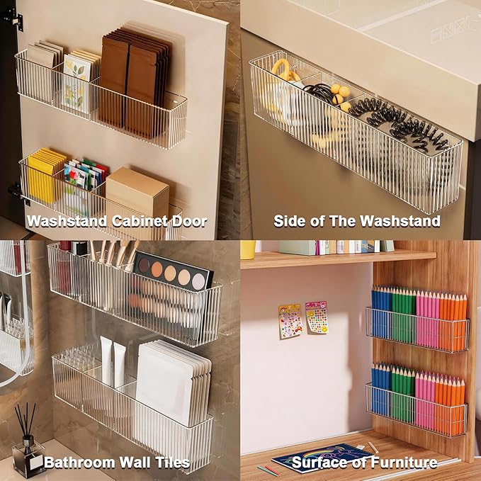 2-Pack Acrylic Wall-Mounted Make up Organizer Shelves with 3 Compartments, Adhesive Bathroom Organizer Storage,Shower Caddy Cabinet Door Organizer for Makeup and Skincare
