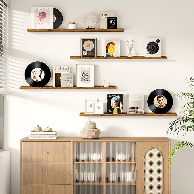 Fun Memories Picture Ledge Shelf, 32 Inch Floating Shelves Set of 2, Large Nursery Book Shelves for Toys Storage, Kids Bookshelf Wall Mounted for Wall Decor Books Photo Frames, Rustic Brown