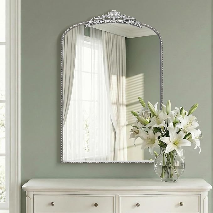 Micasso Vintage Traditional Silver Mirror: 36"x24" French Baroque Antique Mirror - Ornate Decorative Arched Mirrors for Wall/Bathroom/Entryway/Fireplace/Hallway - Home Decor for Living Room