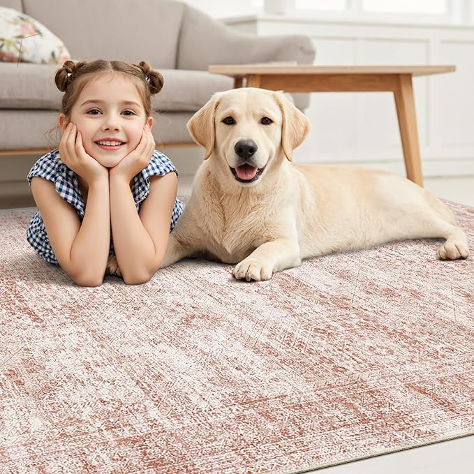 Soalmost Washable Area Rug 8x10, Large Soft Rugs for Living Room Vintage Area Rugs for Bedroom Dining Room Non-Slip Stain Resistant Pink Under Table Rug
