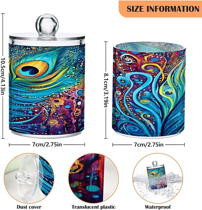 2 Pack Qtip Holder Dispenser for Cotton Ball Peacock Feathers Rainbow Feathers Blue Swab Round Pads Clear Plastic Acrylic Jar Set Bathroom Canister