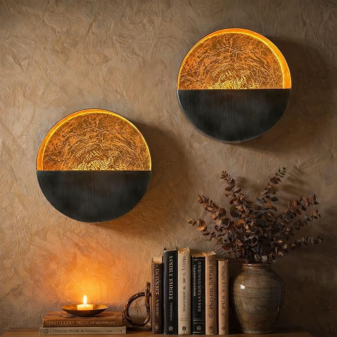 NativeSkins Eclipse Wall Candle Sconces Set of 2 – 6.5" Round Metal Tea Light Holders (3" Depth) with Gold Leaf Interior – Antique Nickel Decorative Accent for Bedroom, Hallway, Bathroom