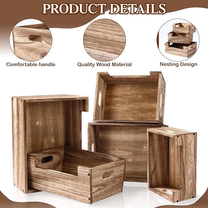Set of 3 Wood Storage Nesting Crates for Display, Decorative Farmhouse Wooden Boxes with Handles Rustic Wood Basket Container for Organization Decor
