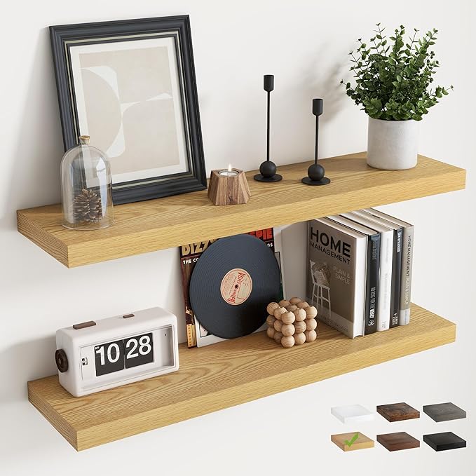 36 Inch Floating Shelves for Wall with Invisible Brackets Set of 2, 8"D Engineered Wood Wall Shelves with Wood Grain for Living Room, Bedroom, Bathroom, Kitchen Decor and Storage, Oak Finish