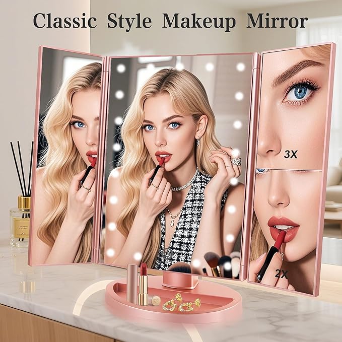 Flymiro Tri-fold Lighted Vanity Makeup Mirror with 3x/2x Magnification,Light up Mirror for Makeup,Touch Screen 21 LEDs,180° Rotation Countertop Cosmetic Mirror,Gifts for Women Mom Teen Girls