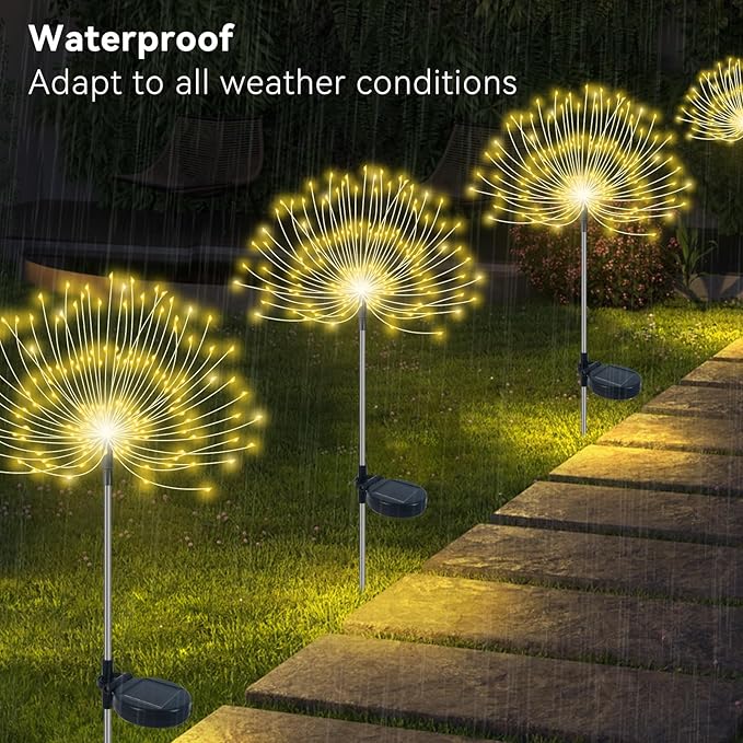 Slyuexu Solar Garden Lights Outdoor Waterproof, 2 Pack 120 LED Solar Firework Lights Decorative Garden Décor Outside for Flowerbed Pathway Party Christmas Decoration, Warm White