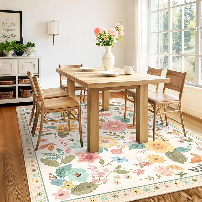 RELEANY Floral 8x10 Area Rug Machine Washable Soft Print Boho Carpet Non Slip Doormat Low Pile Flower Area Rugs for Living Room Bedroom Nursery Kitchen Dining Room Indoor-Beige/White/Orange
