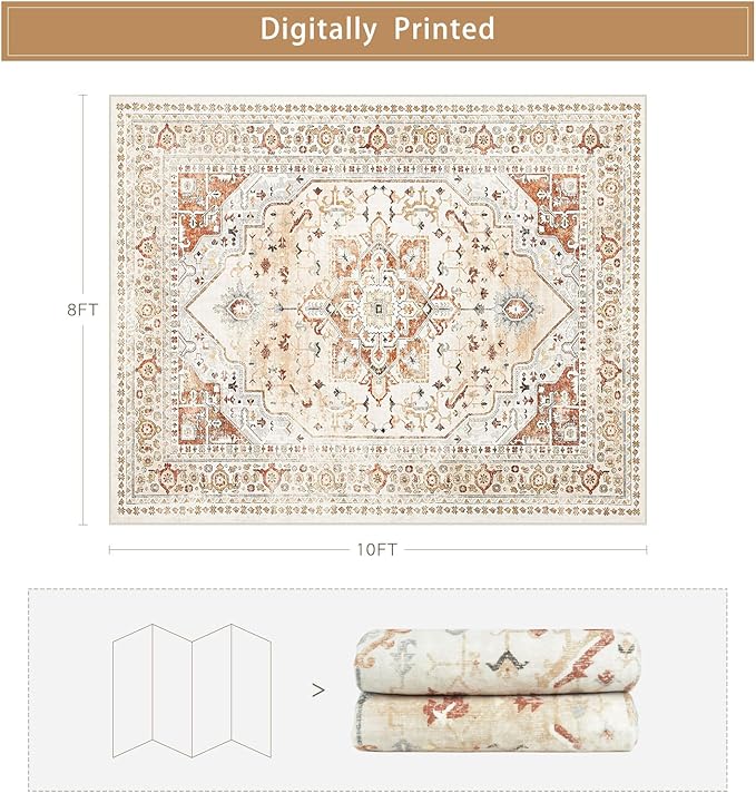 Srugn Washable Rugs 8x10 Area Rugs for Living Room,Rugs for Bedroom,Large Carpets,Ultra Soft Faux Wool Retro Dining Room Rug,Non Slip&Non-Shedding Low Pile Vintage Print Rug for Home Office,Orange
