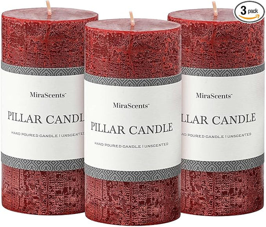 3x6 Inch Burgundy Pillar Candles Set of 3 - Hand-Poured Unscented Candles, Long Clean Burning, Dark Red Pillar Candle, Smokeless Dripless Candle for Dinner Table, Wedding, Home, Rustic Decor