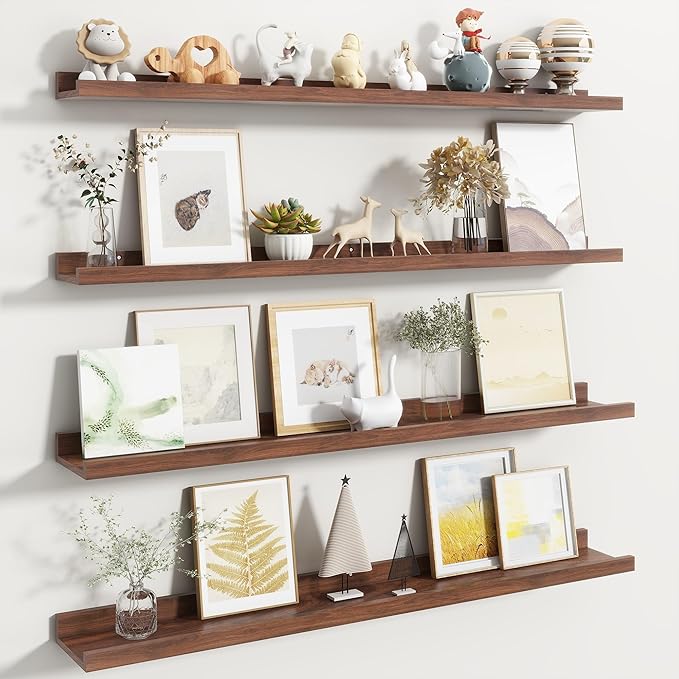 Fun Memories Picture Ledge Shelf, Floating Shelves Set of 4, 40 Inch Picture Shelves for Wall with Ledge, Large Nursery Book Shelf for Toys Storage, Living Room, Bedroom Decor Frames, Walnut