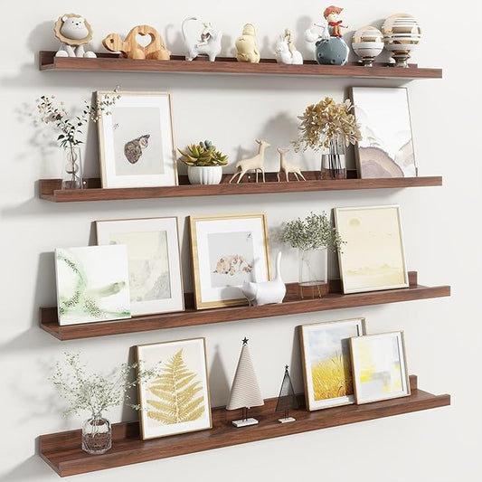 Fun Memories Picture Ledge Shelf, Floating Shelves Set of 4, 40 Inch Picture Shelves for Wall with Ledge, Large Nursery Book Shelf for Toys Storage, Living Room, Bedroom Decor Frames, Walnut