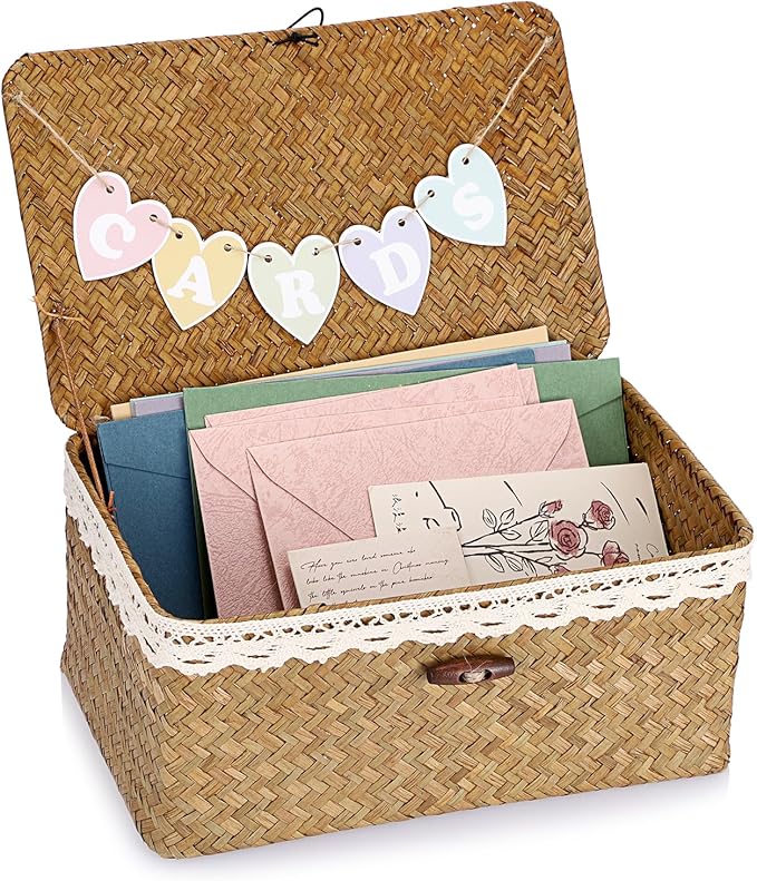 Hipiwe Wedding Card Basket Box Handwoven Seagrass Basket Bin with Letter Flag Wedding Favors Post Box Reception Card Holder for Party, Birthday, Graduation, Baby & Bridal Shower