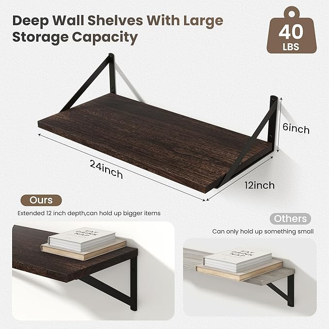 Marsmiles Deep Floating Shelves for Wall - 24 Inch Wide x 12 Inch Deep Wall Shelves Set of 2 - Rustic Wood Floating Shelves for Living Room Bedroom Bathroom