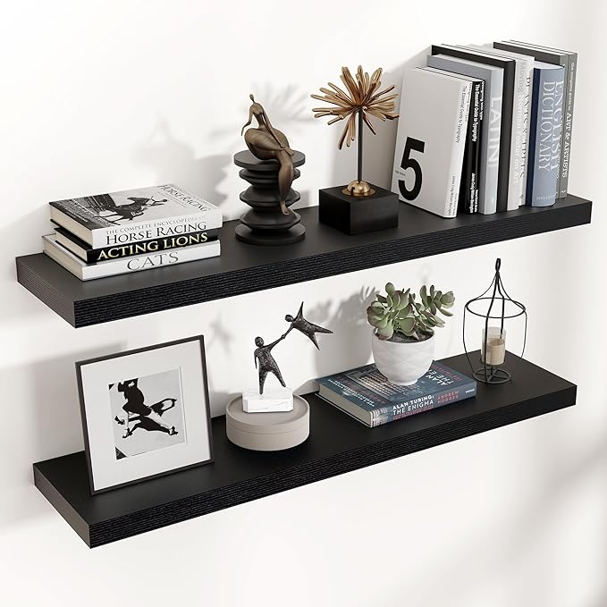 Venusmiles Floating Shelves for Wall 36 inch Long, Engineered Wood Wall Shelves with Invisible Brackets for Living Room Bedroom Bathroom Office Kitchen Decor and Storage, Black Finish, Set of 2