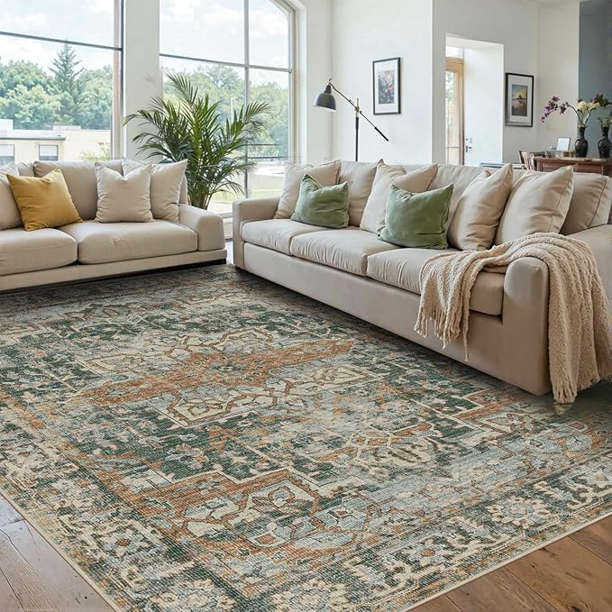 Rugxara 6x9 Area Rugs for Living Room Bedroom, Large Washable Rug, Green Vintage Floral Boho Style, Non Slip & Low Pile Carpet for Indoor Dining Room, Dorm and Kids Room(Green 6x9ft)