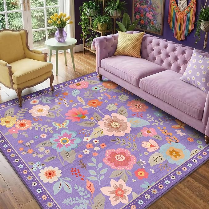RELEANY Floral Nursery Square 6ft Area Rugs Washable Print Boho Cute Carpet Non Slip Flower Low Pile for Living Room Kids Girls Playroom Bedroom Kitchen Office Farmhouse-Purple/Pink/Multi