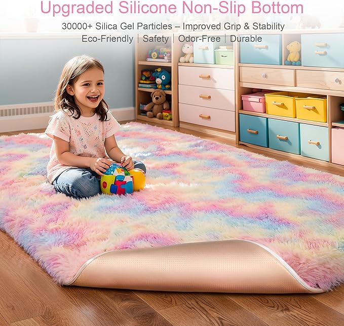 KICHOWUA Thick Area Rug 5x7 Rainbow Fluffy Shag for Girls Bedroom,Ultra Soft Unicorn Plush Fuzzy Washable Thickened Non-Slip Carpet, Pastel Furry Shaggy Rug for Living Room Kids Boys Nursery Dorm