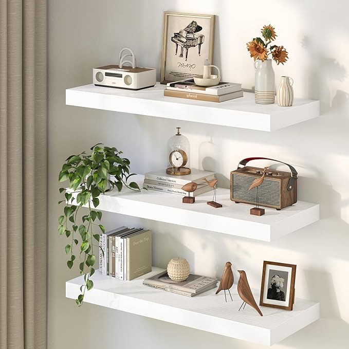 36Inch White Floating Shelves for Wall, 12 Inch Deep Shelves for Bedroom, Kitchen, Bathroom Wall Mounted, Rustic Wood Floating Shelf with Invisible Brackets for Books, Storage, Decor, 2 Packs
