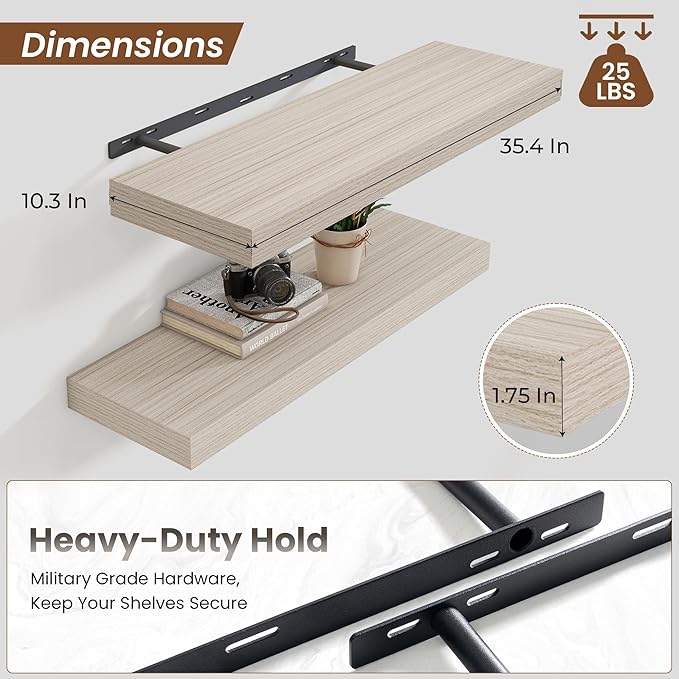 Heimlove 36 Inch Floating Shelves for Wall,10 Deep Grey Wood Shelves with Invisible Brackets,Wall Mounted Storage & Display Shelves for Bedroom,Living Room,Kitchen,Office