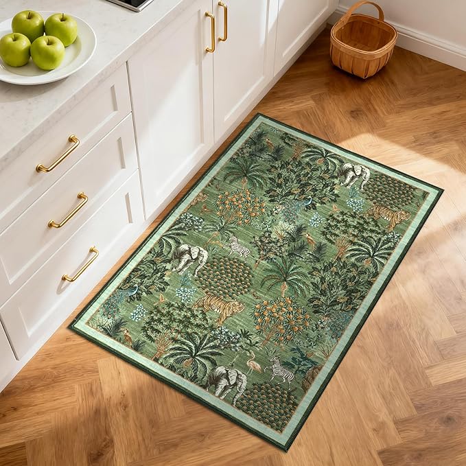 GarveeHome Jungle Rug 2x3 Animal Print Rugs Non Slip Washable Front Door Rug for Entryway, Indoor Kitchen Rugs Low-Pile Small Door Mat Forest Carpet for Bedroom Home Décor, Forest Green