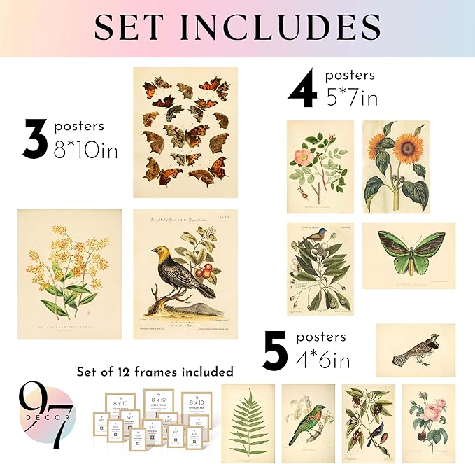 97 Decor FRAMED Vintage Botanical Prints Wall Art - Botanical Plant Poster, Butterfly Pictures Bird Art Sunflower Fern Prints, Flower Botanical Painting for Home Bedroom Decorations (BEIGE FRAME)