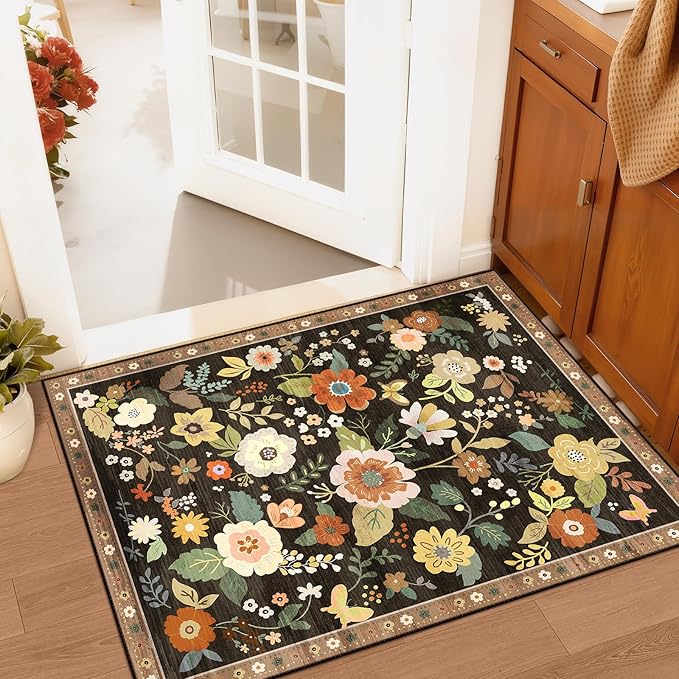RELEANY Floral Nursery 2x3 Area Rugs Washable Print Boho Cute Carpet Non Slip Flower Low Pile for Living Room Kids Girls Playroom Bedroom Kitchen Office Farmhouse-Black/Yellow/Red