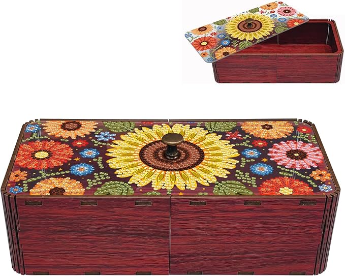 Diamond Art Painting Storage Box Kit, DIY Rectangular Wooden Decorative Container Holder with Lid, Snack Jewelry Gem Art Organizer Case for Adults (Sunflower)