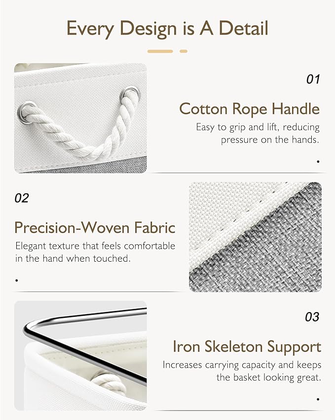 Patvingot 11 Inch Cube Storage Bins, 6 Pack Fabric Storage Cubes with Rope Handles, Organizer Baskets for Closet Shelves, Clothes and Home Organization(White/Gray)